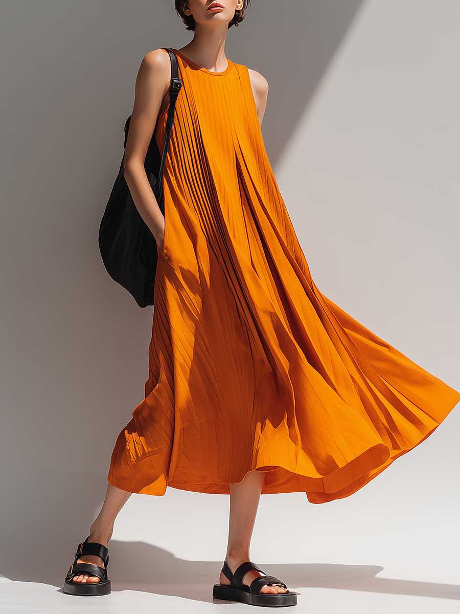 Stylish Simple Loose-fitting Sleeveless Round-neck Vertical Pleats Orange Midi Dress