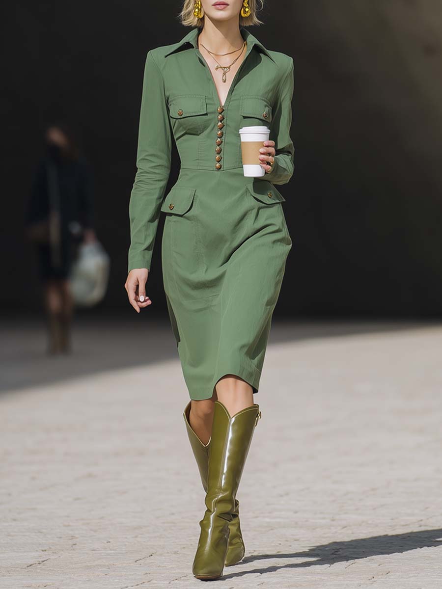 Retro Fashion Green Sports Cotton Midi Dress