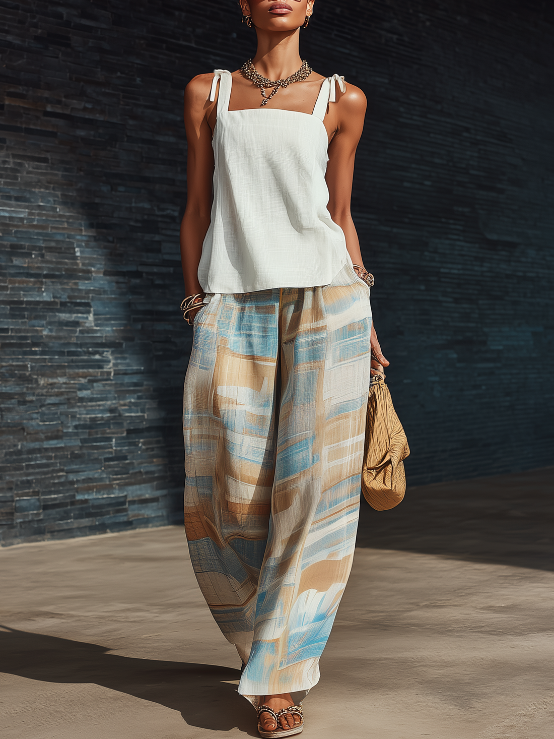 Stylish Minimalist Sleeveless Tie-Shoulder Straps White Cotton Top And Abstract-Print Chiffon Wide-Leg Pants Set