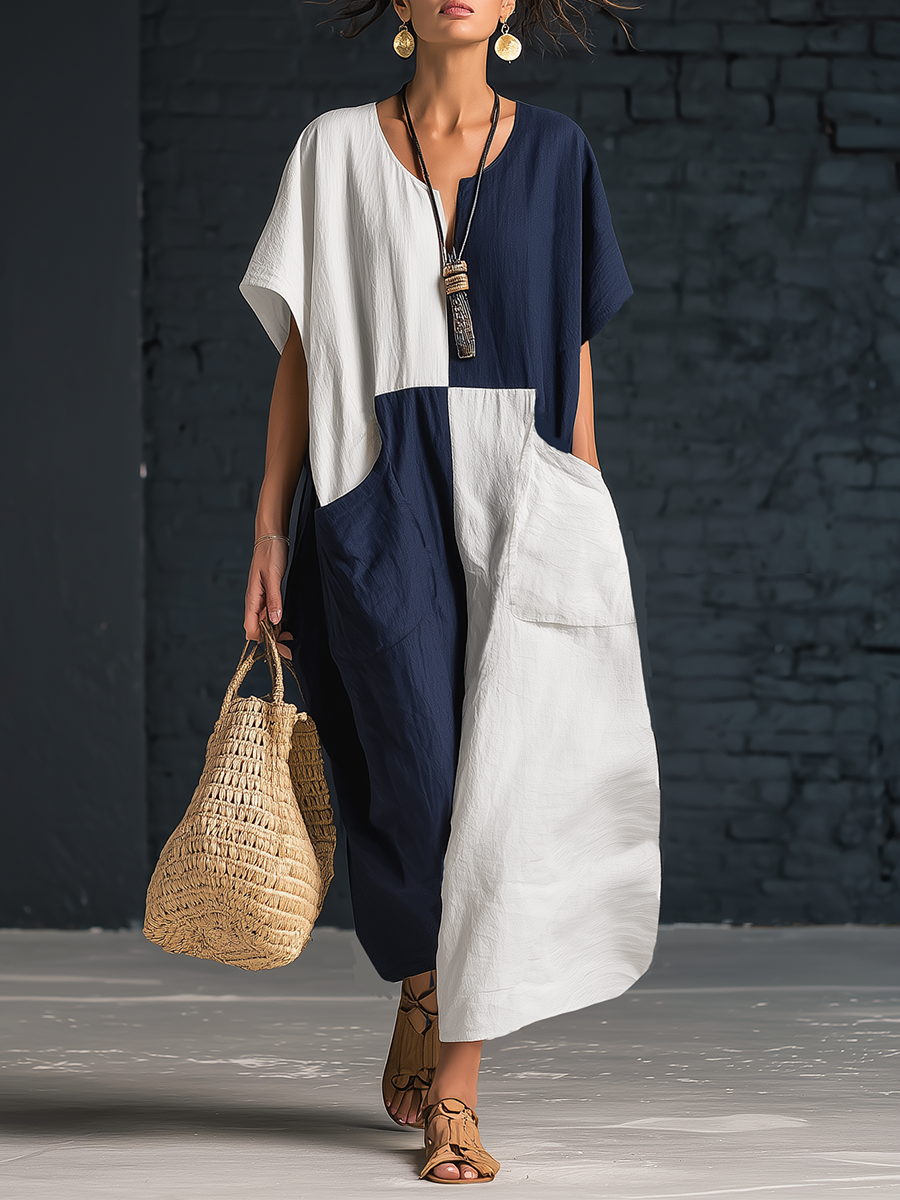 Retro White And Blue Color Blocked Cotton And Linen Short Sleeved Midi Dress