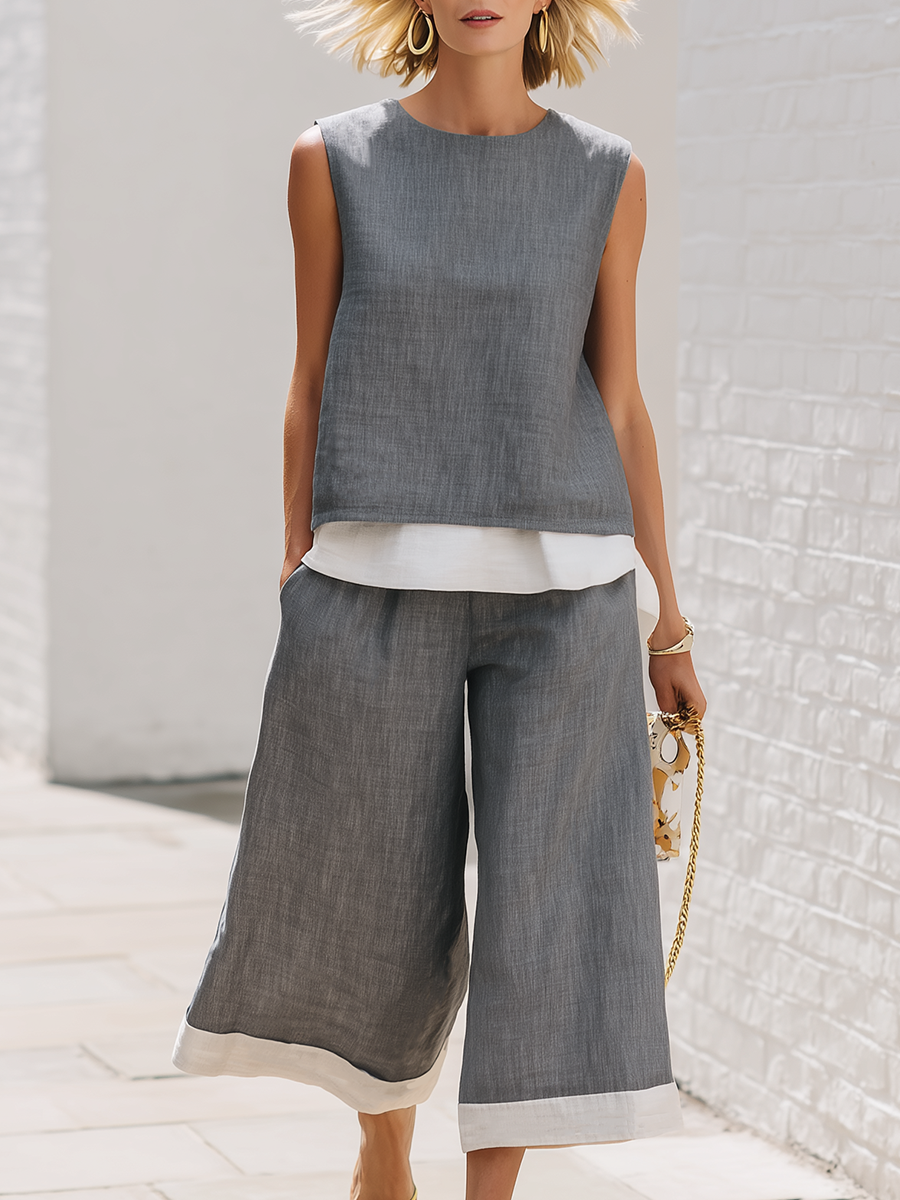 Retro Sleeveless Grey Cotton Linen Top With White Paneling Wide Leg Pants Set