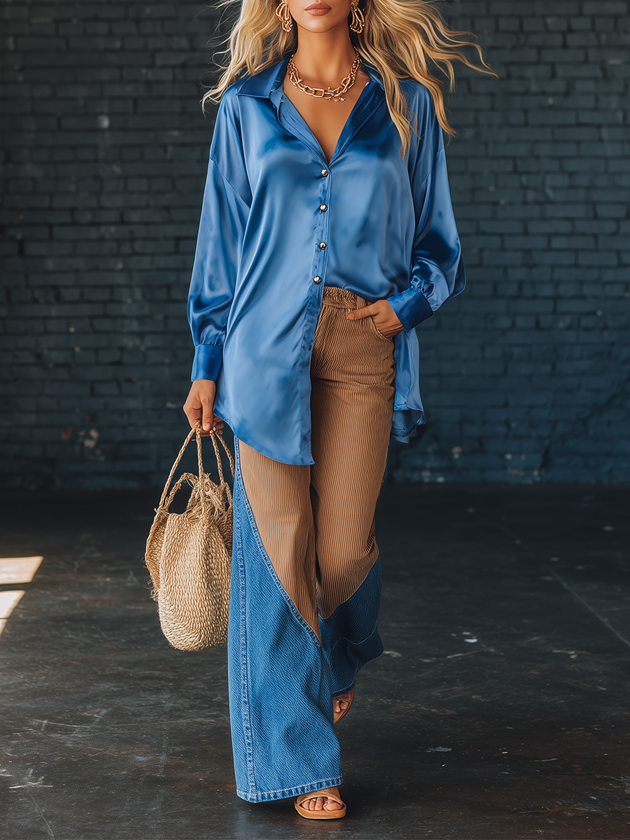Vintage Blue Satin Shirt And Color Blocked Trousers Set