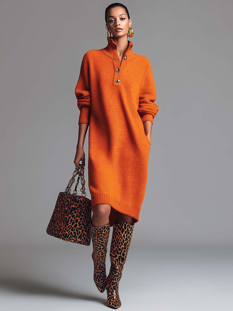 Comfortable And Fashionable Lapel Front Button Orange Knitted Midi Dress
