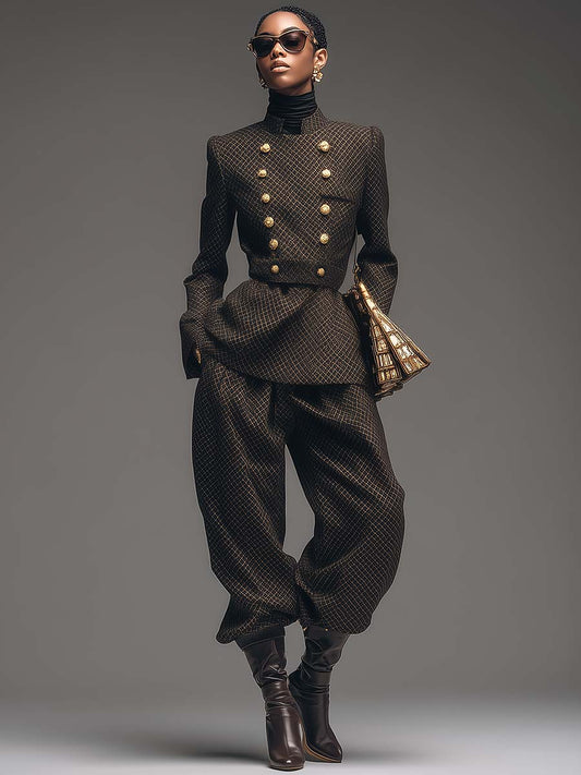 Vintage High-end Brown Diamond Check Stand Collar Double-breasted Waist Jacket And Wide Pants Set
