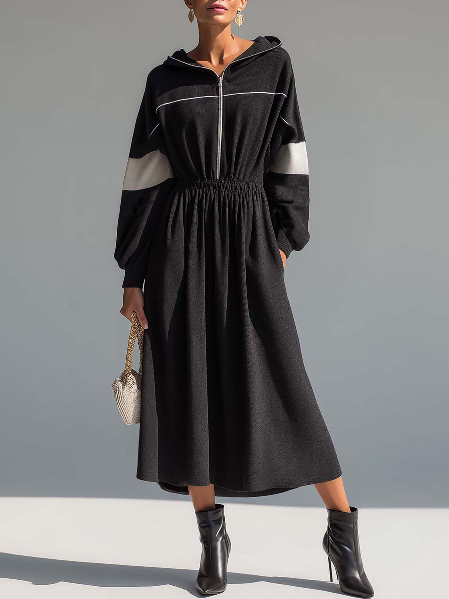 Exquisite Urban Sporty White Contrast Black Stretch Knit Hooded Front Zipper Maxi Dress