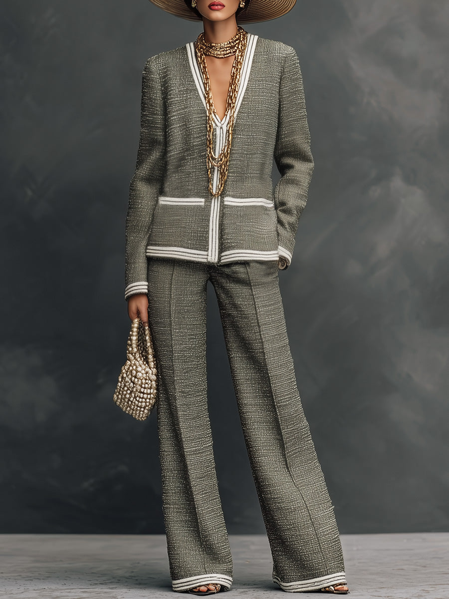 Vintage Casual Gray Green Tweed V-neck White Trim Top And Pants Set