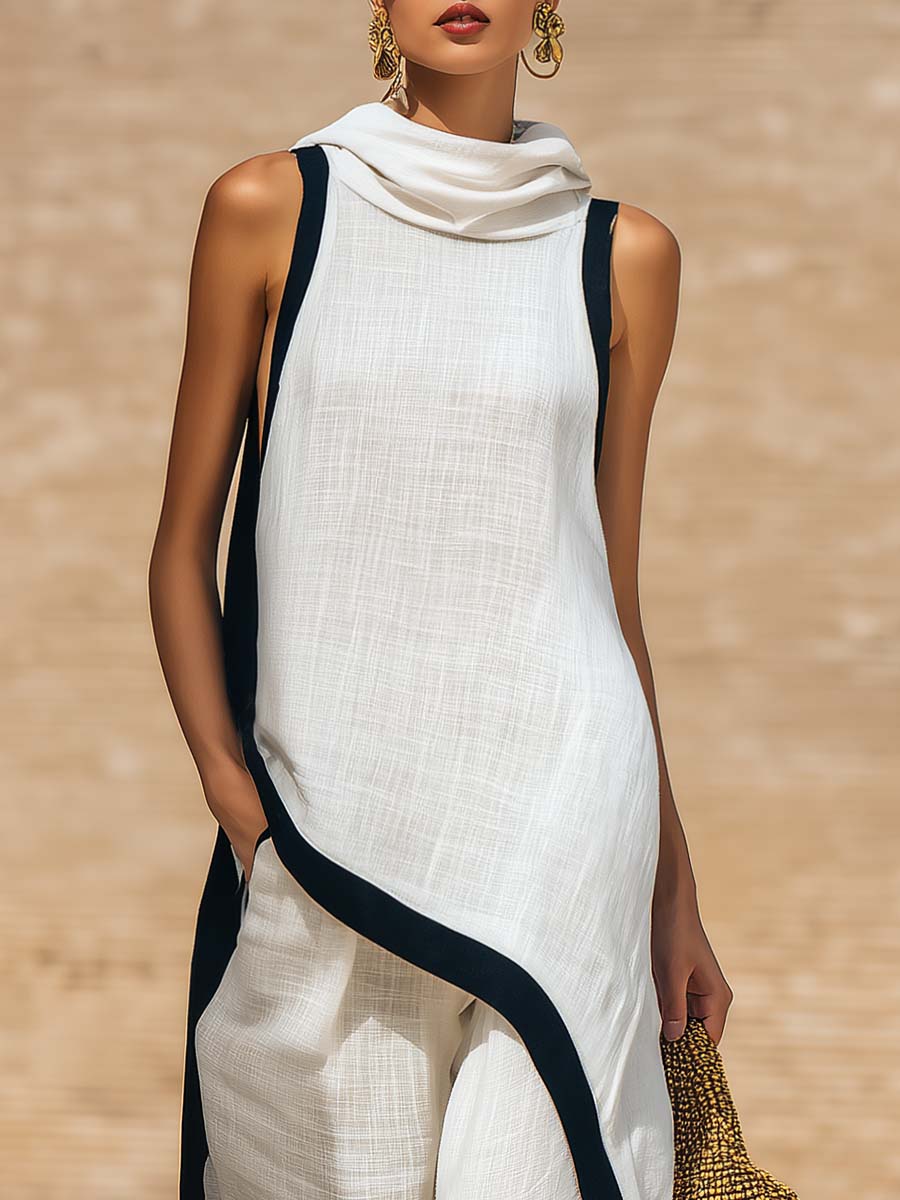 Temperament Casual Hooded White Black Trim White Cotton And Linen Asymmetrical Long Top And Pants Set