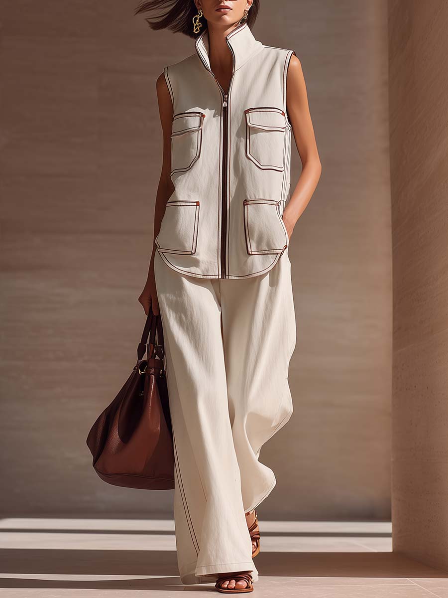 Casual Fashion Lapel Collar Front Zipper Pockets White Denim Top And Pants Set