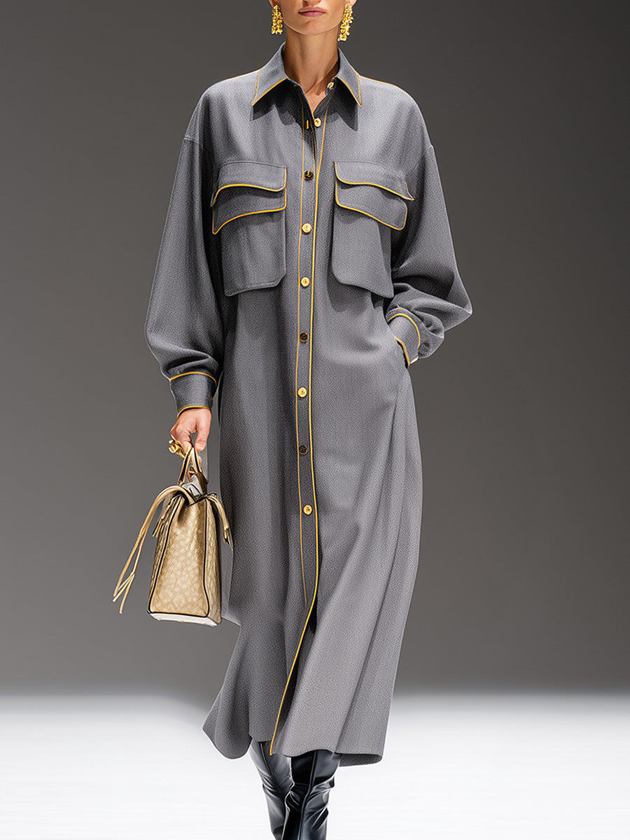 Exquisite Casual Streamlined Tailoring Yellow Trim Front Button Gray Maxi Dress