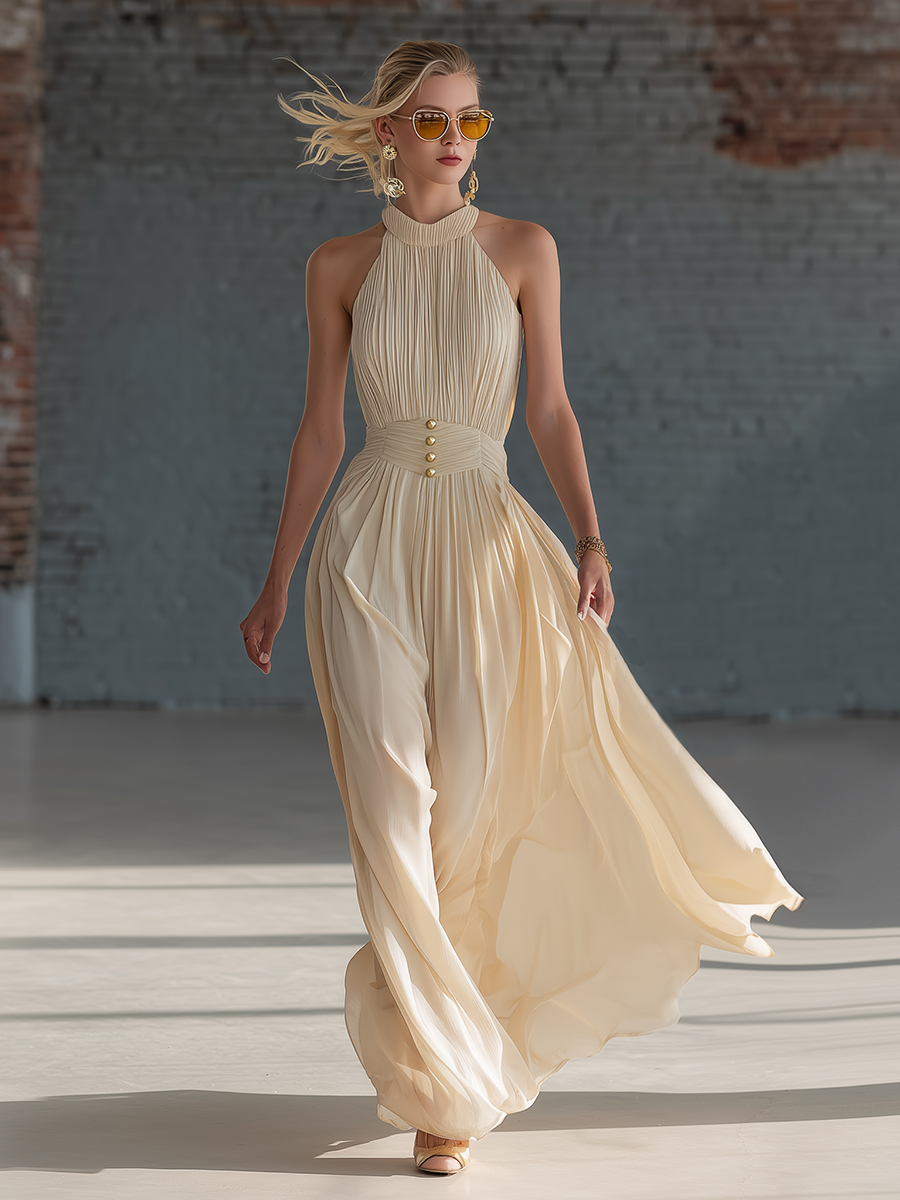 Stylish Simple Loose-fitting Sleeveless Halter-neck Pleats Button Details Beige Chiffon Maxi Dress