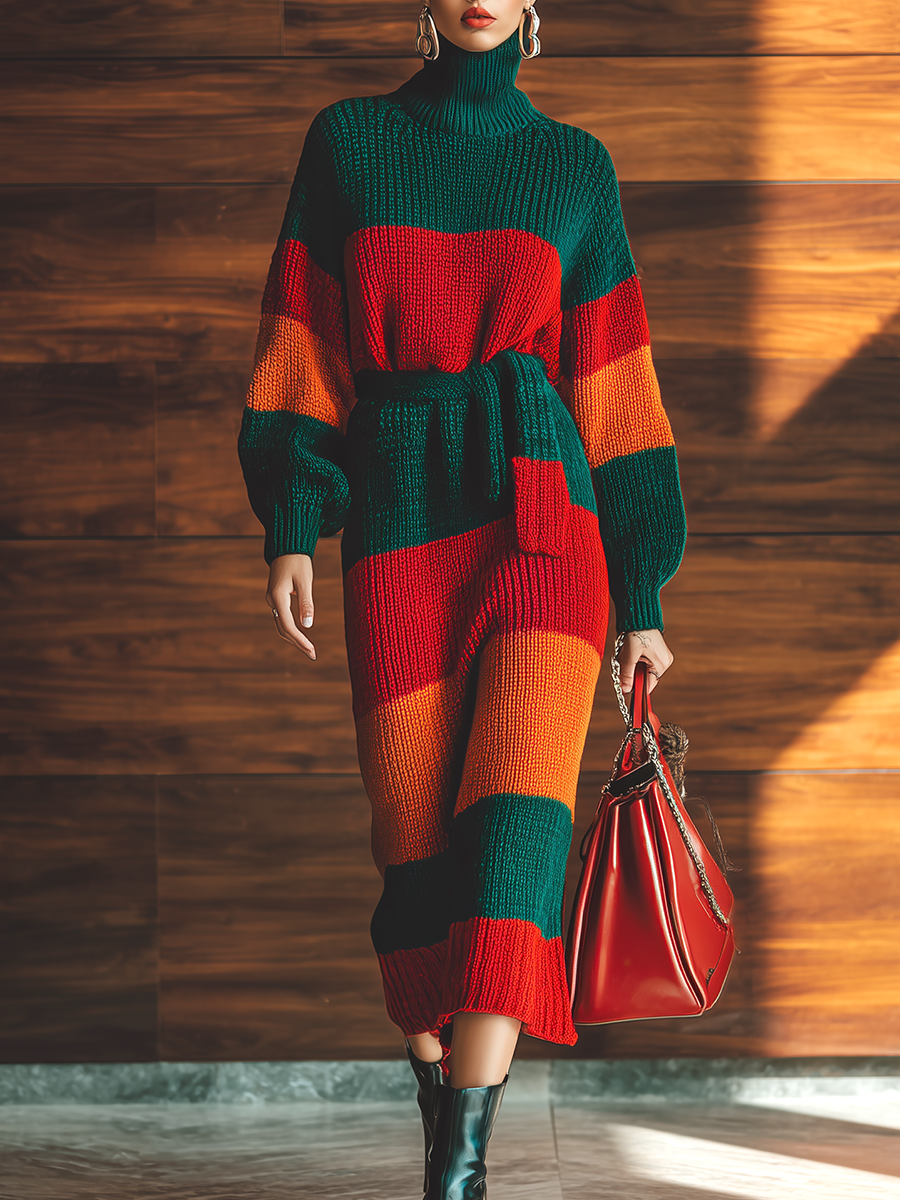 Vintage Colorful Striped Loose Belt Knit Maxi Dress