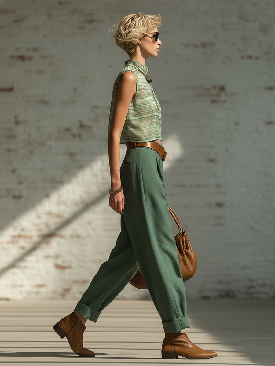 Retro-chic Loose-fitting Sleeveless Green Striped Chiffon Crop Top And Cotton Belted Trousers Set