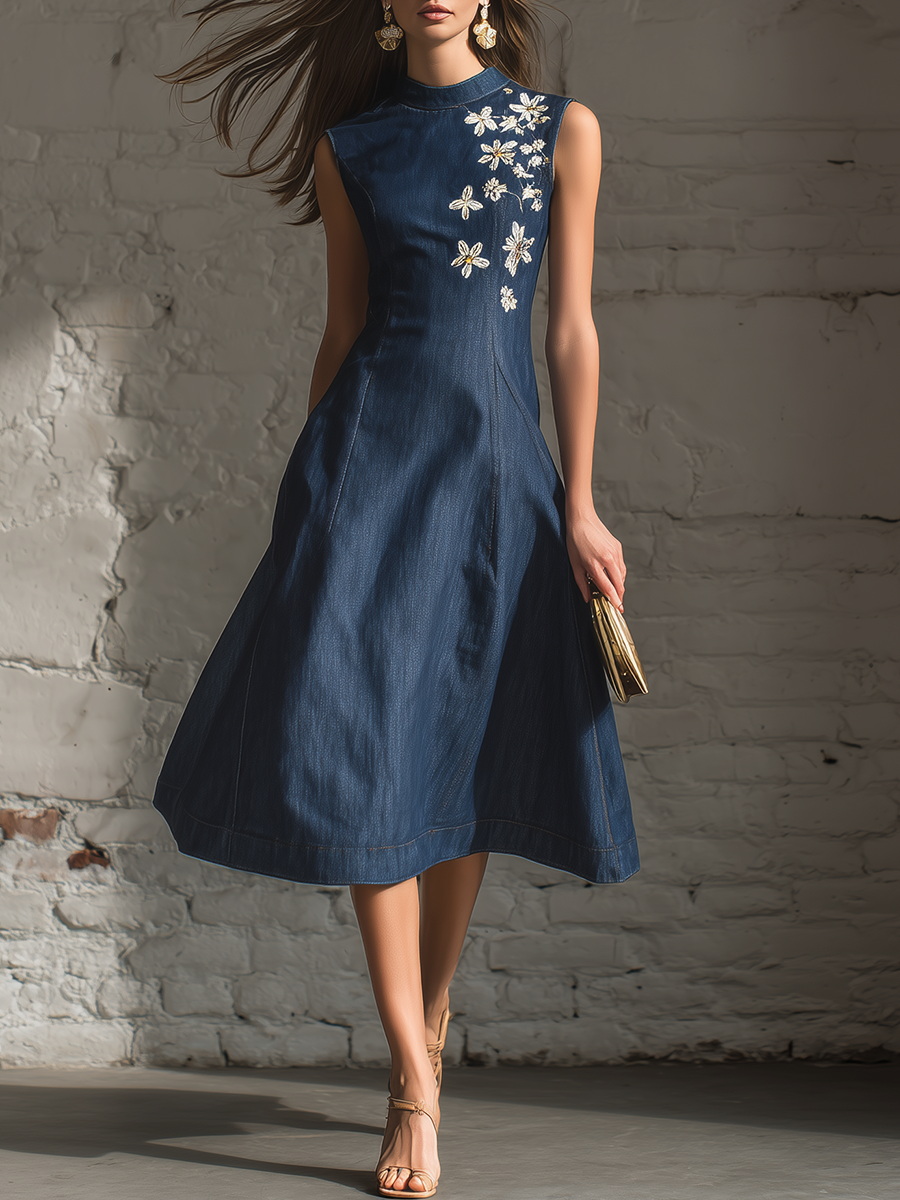Stylish Simple Sleeveless Round-neck Embroidered A-line Blue Denim-look Midi Dress