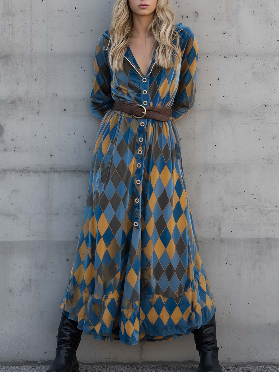 Exquisite Retro V-neck Hooded Front Button Blue And Yellow Diamond Check Print Velvet Maxi Dress