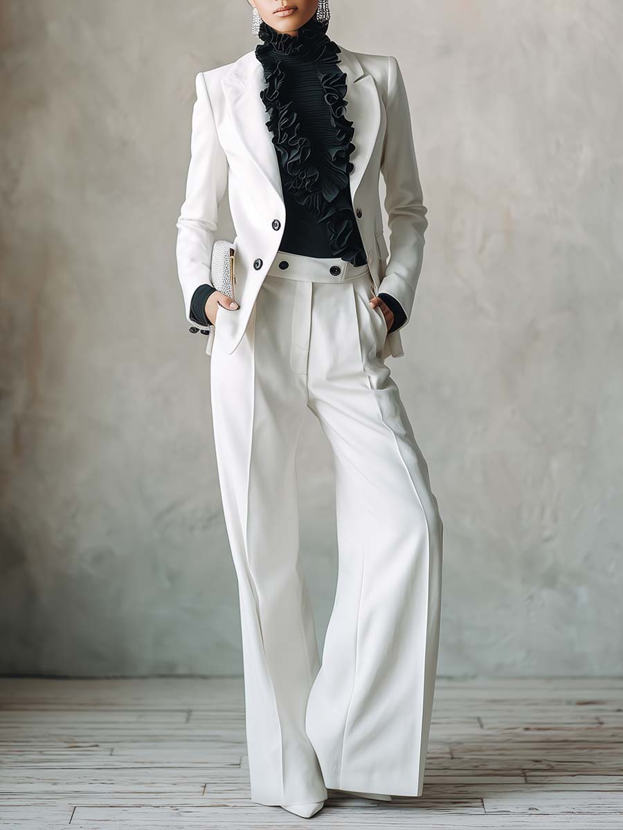 Classic Retro Versatile White Peak Lapel Blazer And Pants Set