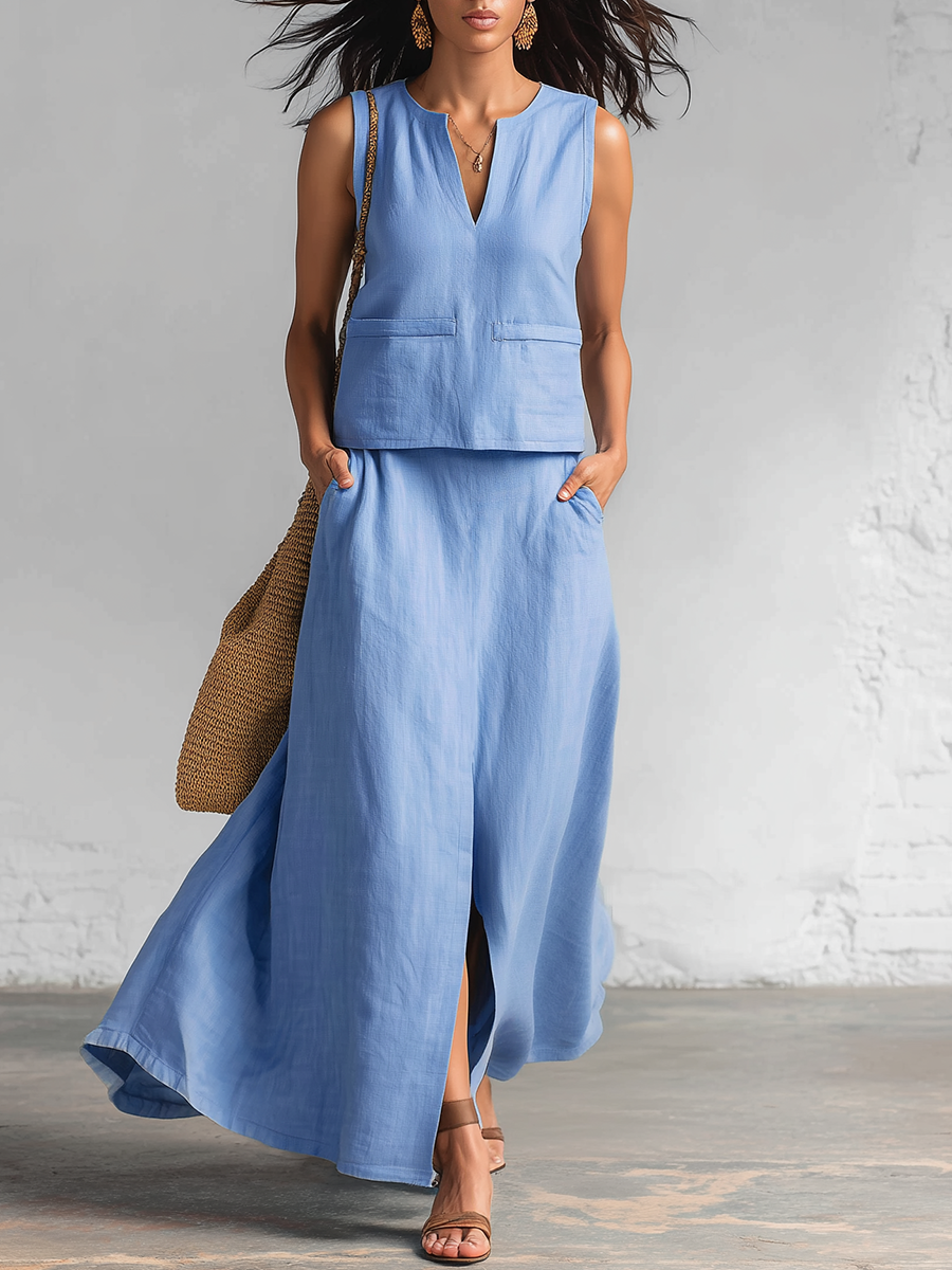 Casual Blue Cotton And Linen V-neck Sleeveless Top And Split Skirt Set