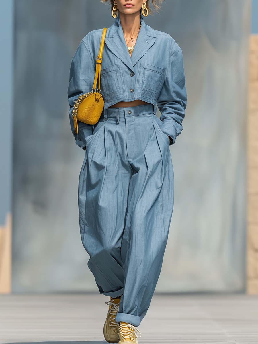Fashionable Urban Blue Loose Peak Lapel Jacket And Tapered Pants Set
