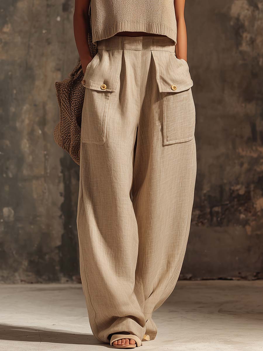 Casual Breathable Urban Style Beige Knitted Top And Cotton Pants Set