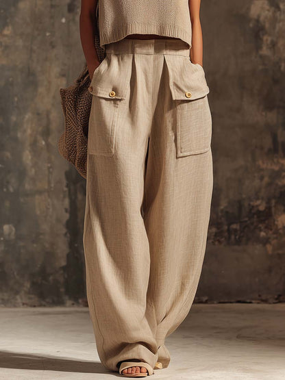 Casual Breathable Urban Style Beige Knitted Top And Cotton Pants Set