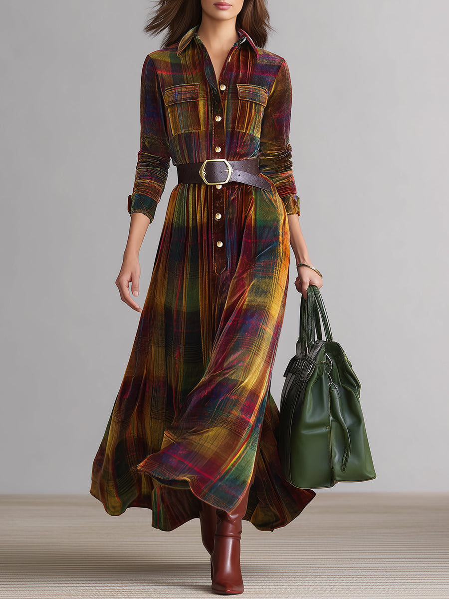 Retro And Fashionable Plaid Print Velvet Maxi Dress