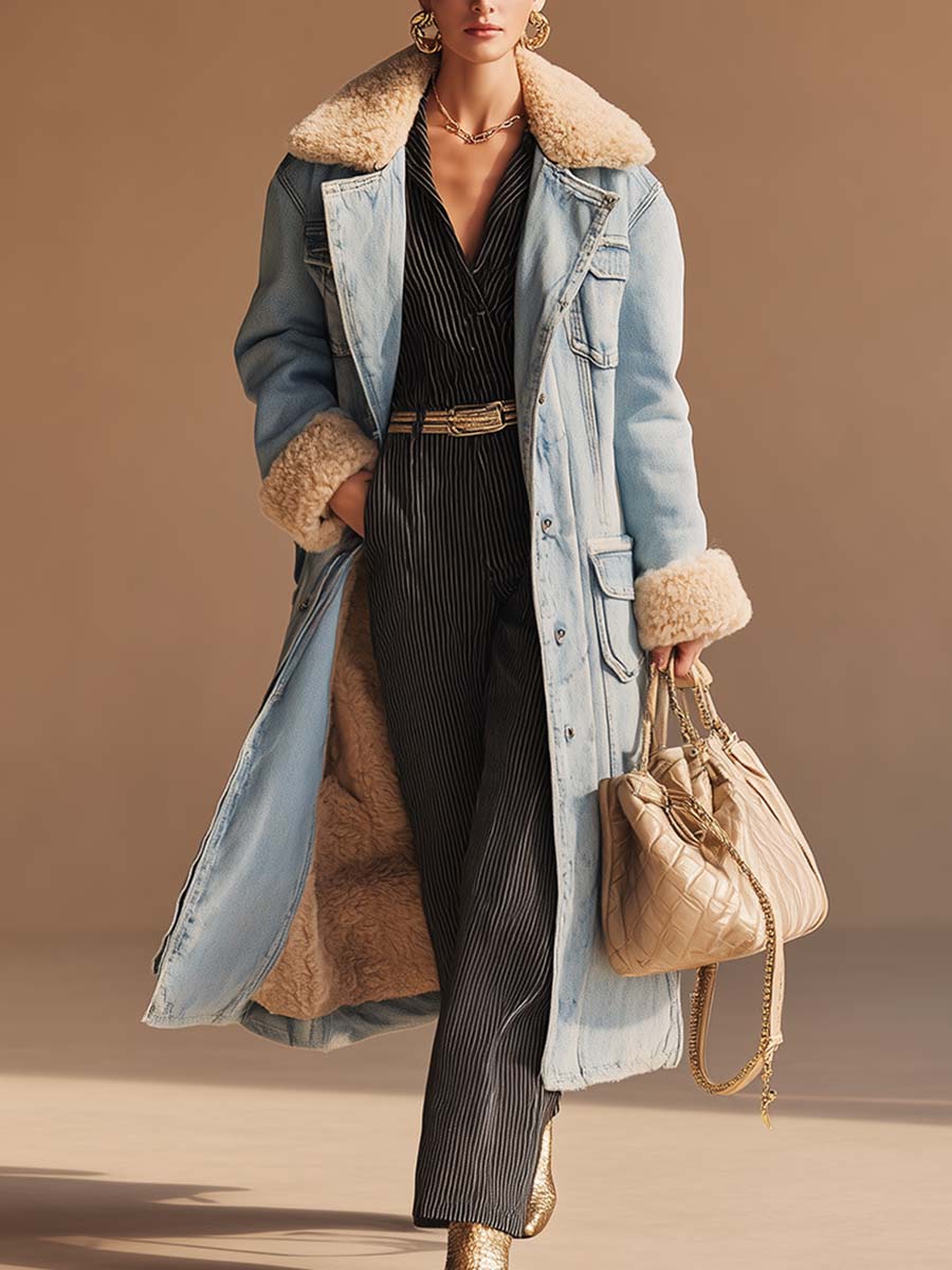 Exquisite And Fashionable Faux Fur Collar And Lining Light Blue Front Button Denim Coat