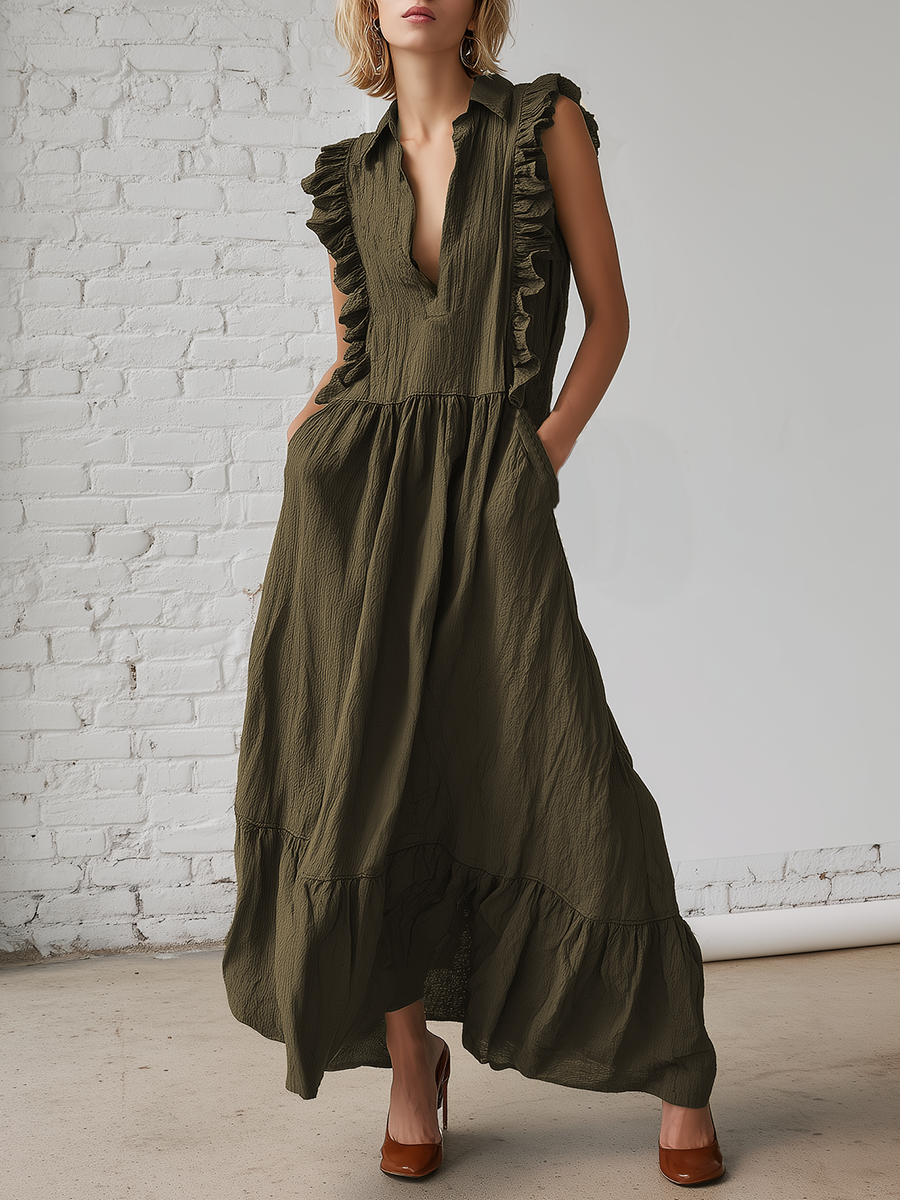 Retro-style Loose-fitting Sleeveless Ruffled Polo Collar Cotton Green Maxi Dress