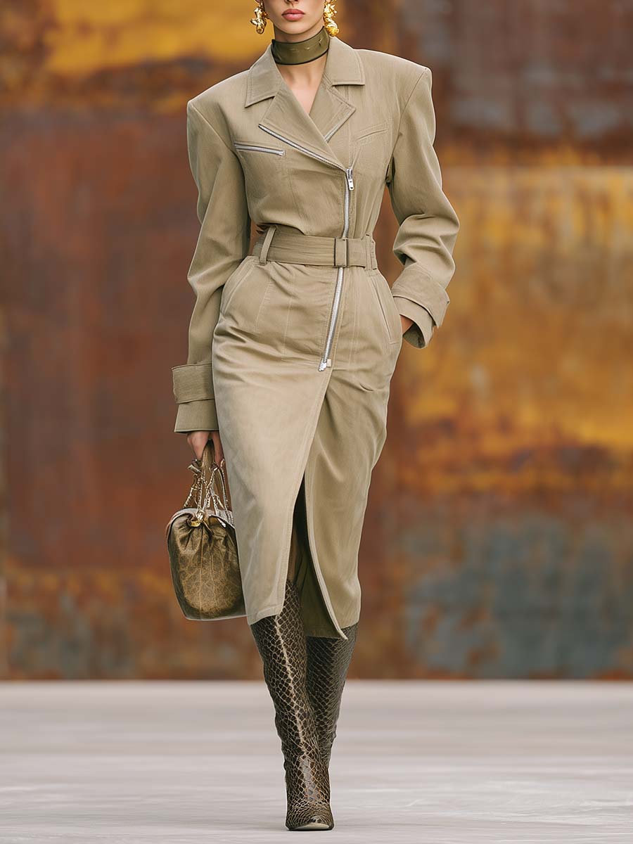 Retro Exquisite Fashion Notch Lapel Slant Placket Zipper Khaki Trench Coat
