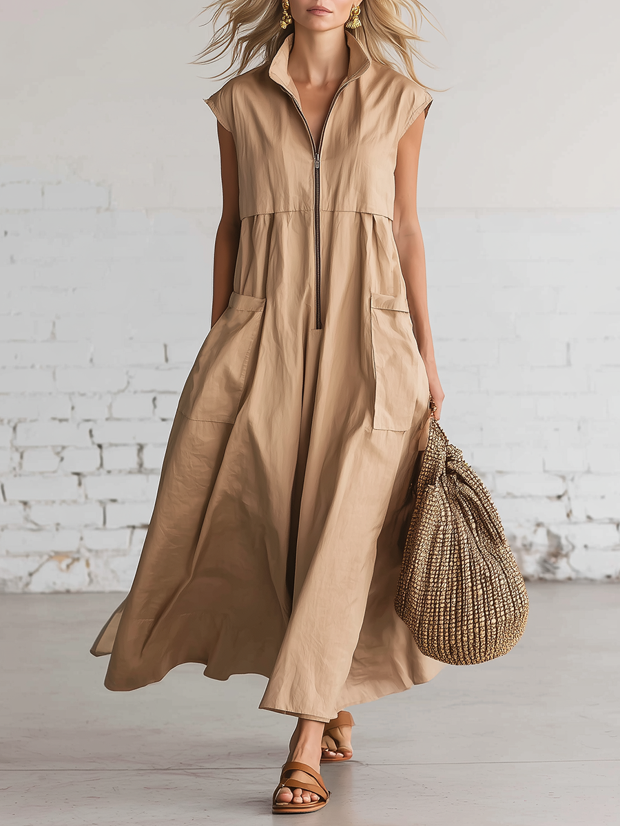 Casual Brown Cotton Linen Collared Sleeveless Zipper Maxi Dress
