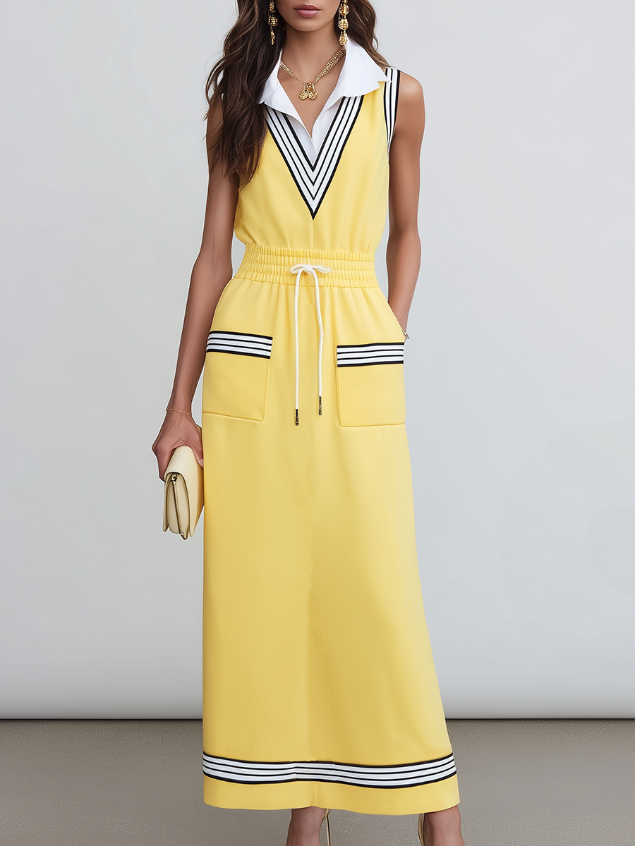Sporty And Casual Style Yellow Knitted Sleeveless With A Lapel Collar And Elastic Drawstring Waist Midi Dress