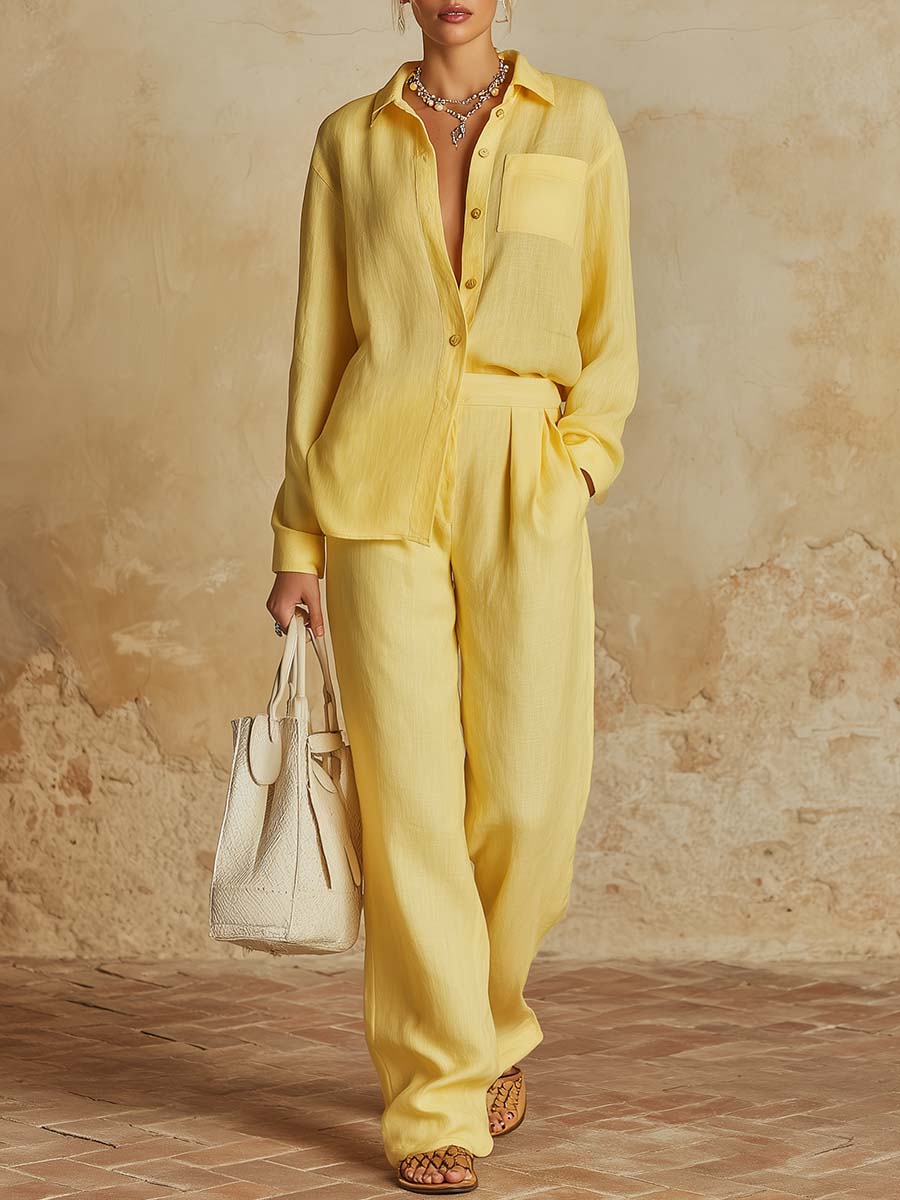 Casual Urban Yellow Cotton And Linen Shirt And Trousers Set