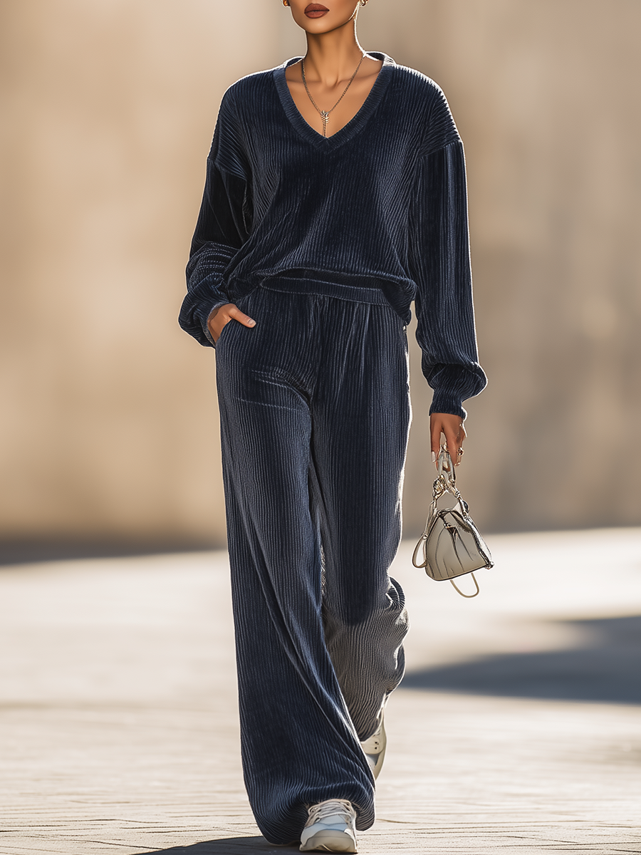 Casual Loose Solid Color V-neck Velvet T-shirt And Wide-leg Pants Set