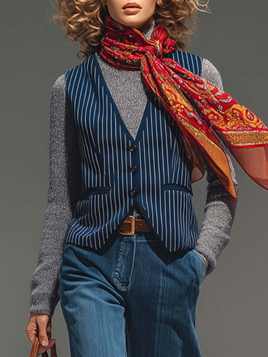 Retro Fashion Blue Striped  Vest