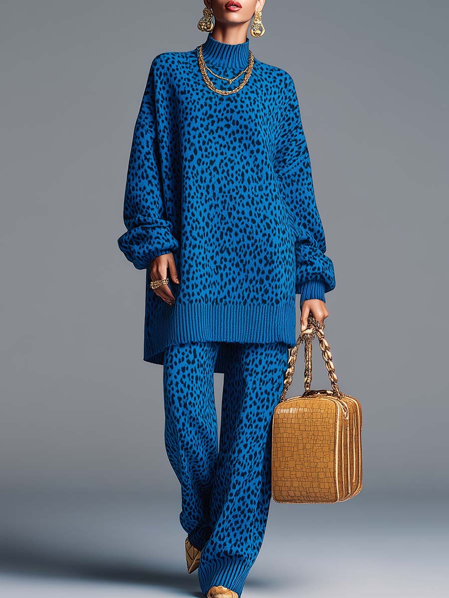 High-end Fashion Versatile High-neck Blue Leopard Print Knitted Long Top And Pants Set