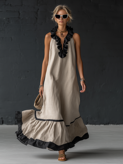 Stylish Simple Sleeveless Color-blocked Ruffled V-neck Cotton Linen Maxi Dress