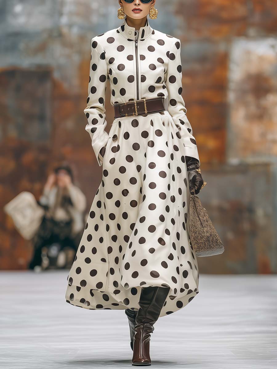Vintage Temperament Street Brown Polka Dot Cream Lapel Front Zipper Belt Maxi Dress
