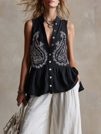 Retro Casual Paisley Embroidered Black Button-down Top And White Cotton-linen Trousers Set