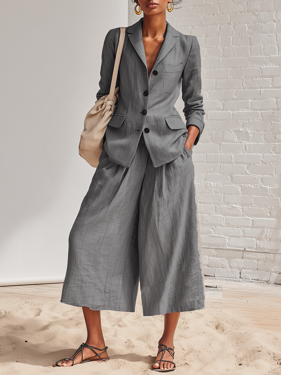 Loose Fitting Gray Cotton And Linen Suit With Lapel Jacket And Wide Leg Trousers Set