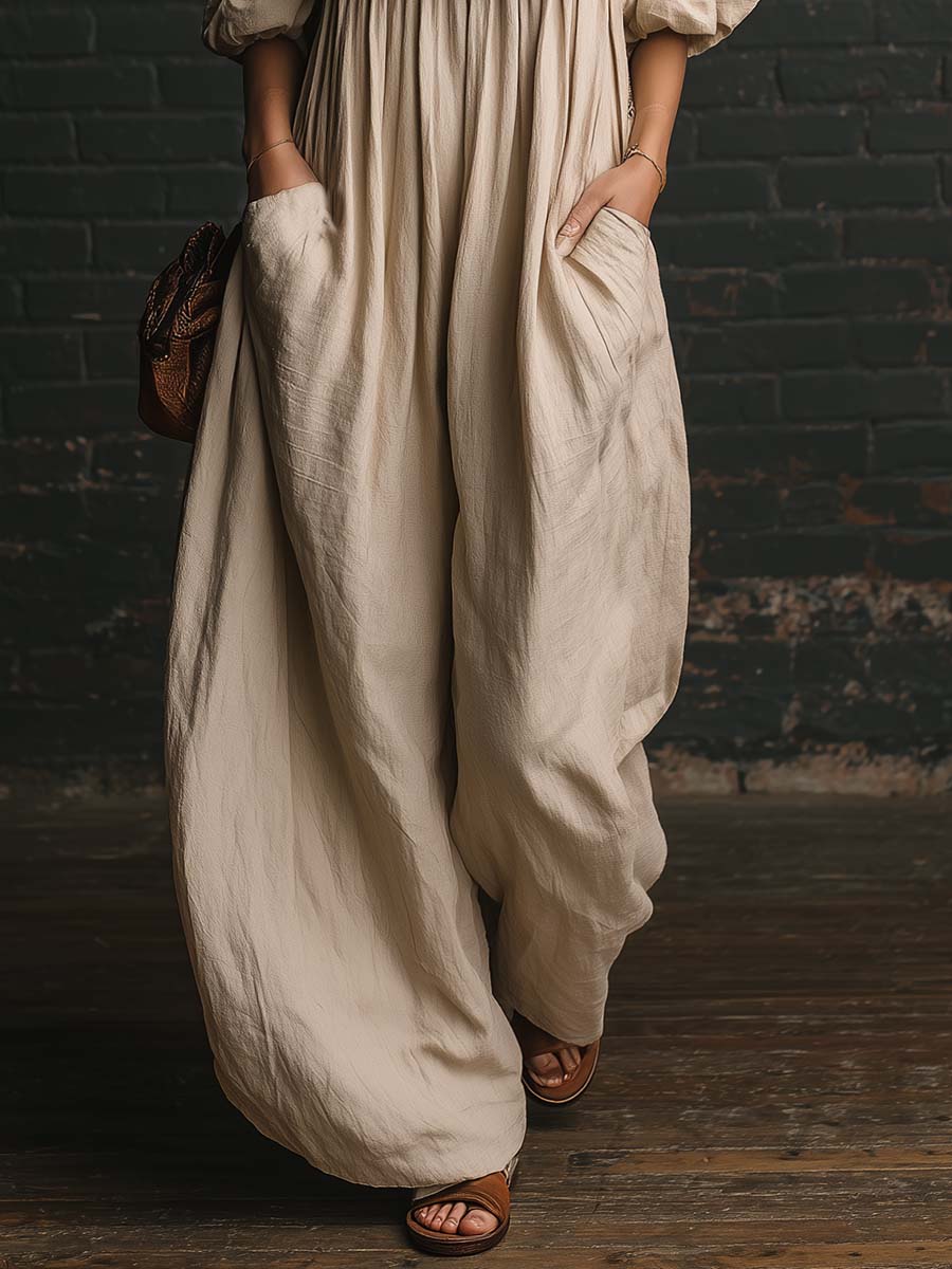 Retro Casual Off-shoulder Lace-strap Beige Cotton-linen Jumpsuit