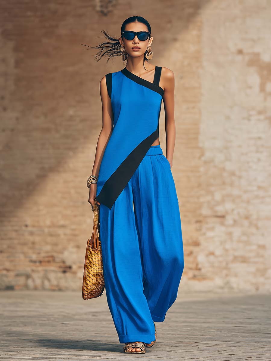 Temperament Casual Urban Black Trim Royal Blue One-shoulder Asymmetrical Top And Pants Set