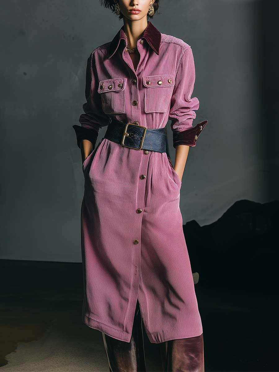 Retro Exquisite Handsome Wine Red Contrast Color Front Button Purple Pink Corduroy Midi Dress
