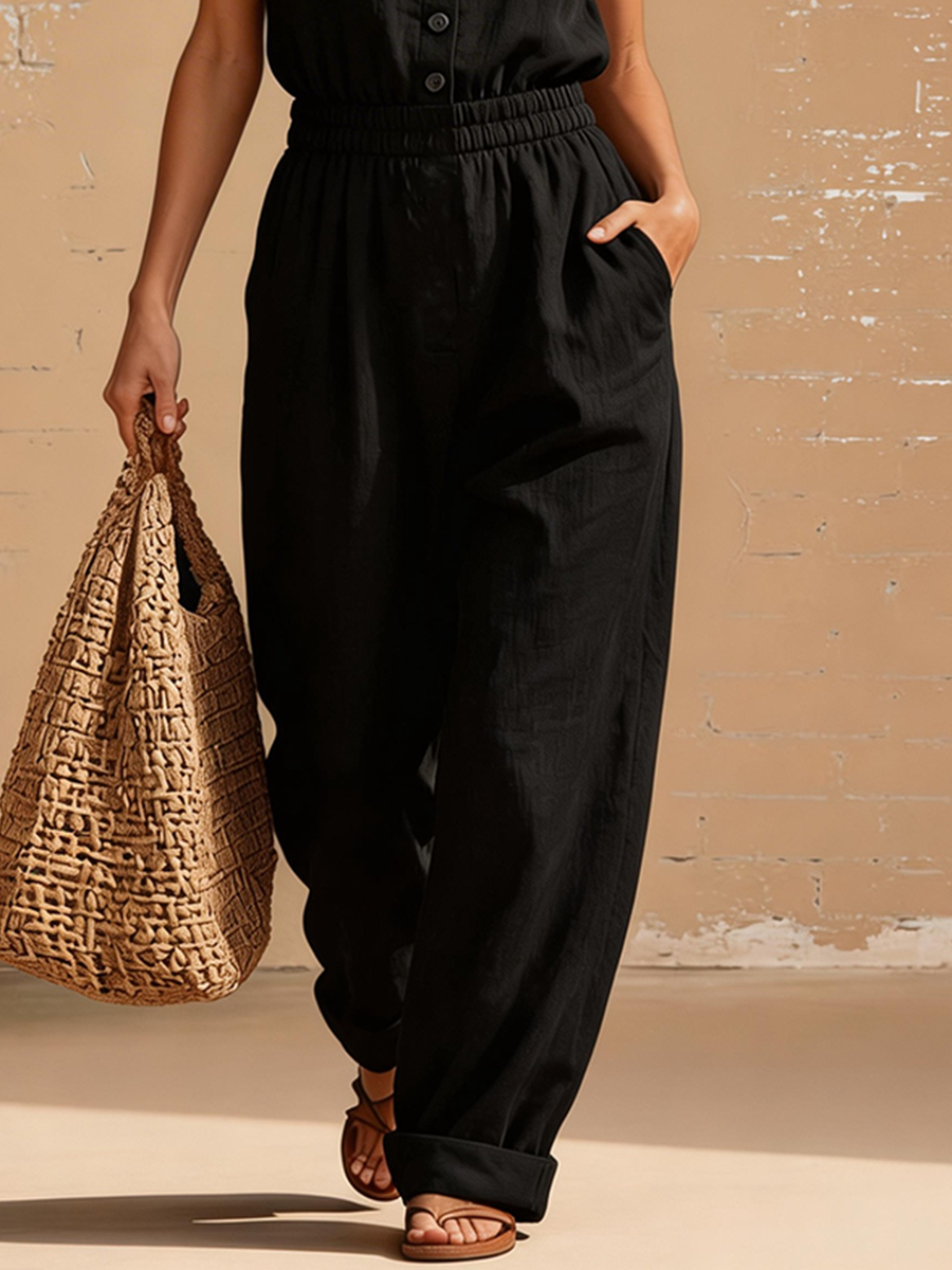 Urban Black Cotton Linen Sleeveless Collared Button Jumpsuit