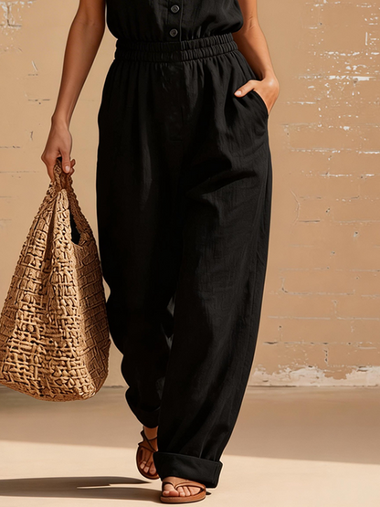 Urban Black Cotton Linen Sleeveless Collared Button Jumpsuit