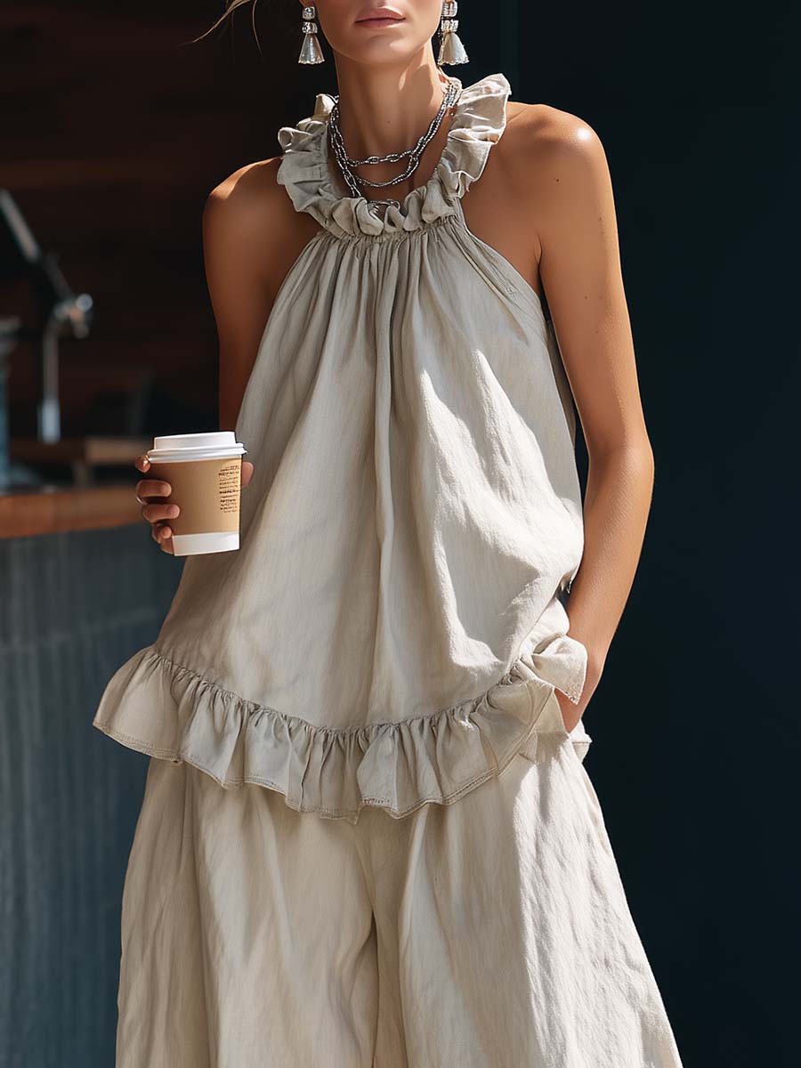 Casual Retro Urban Beige Cotton Linen Top And Pants Set