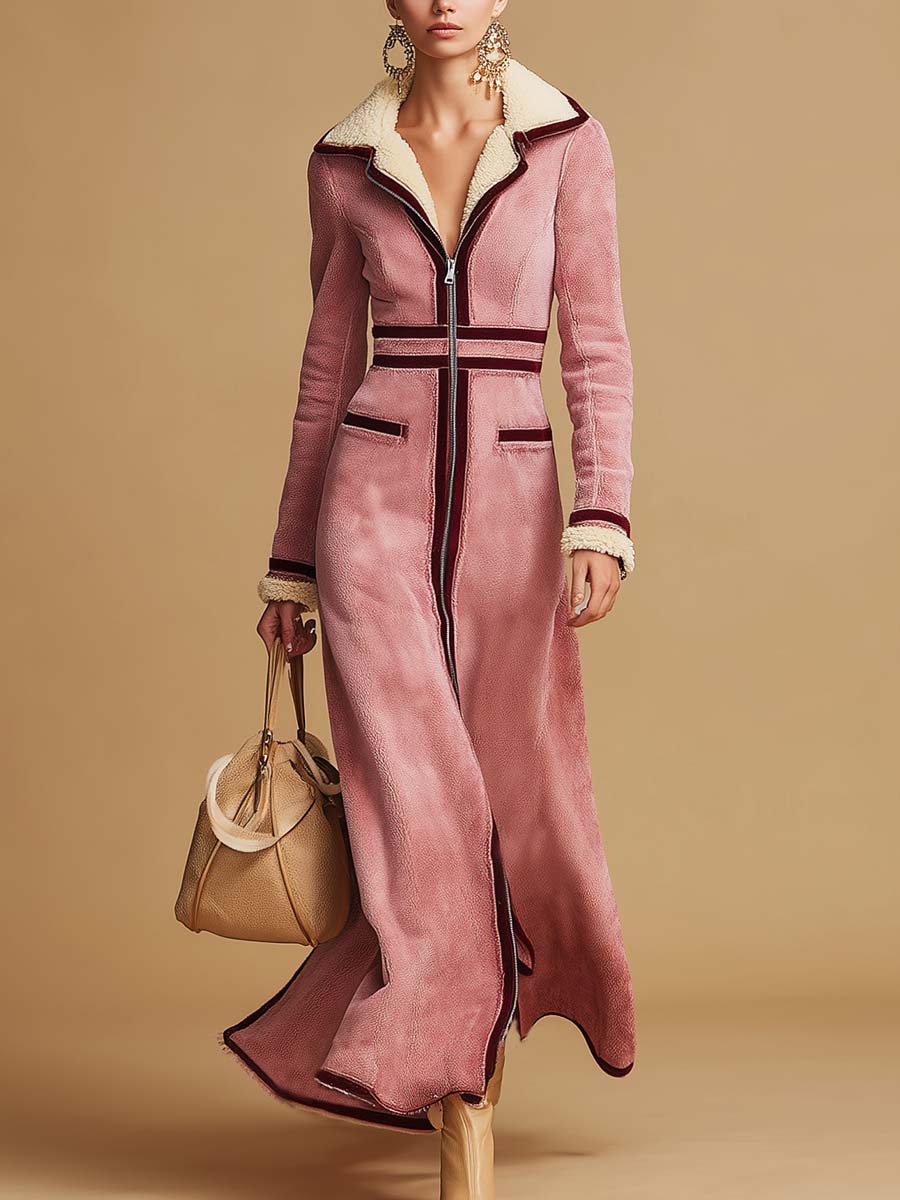 Temperament Retro Lapel Front Zipper Burgundy Trim Polar Fleece Lining Pink Faux Suede Maxi Dress