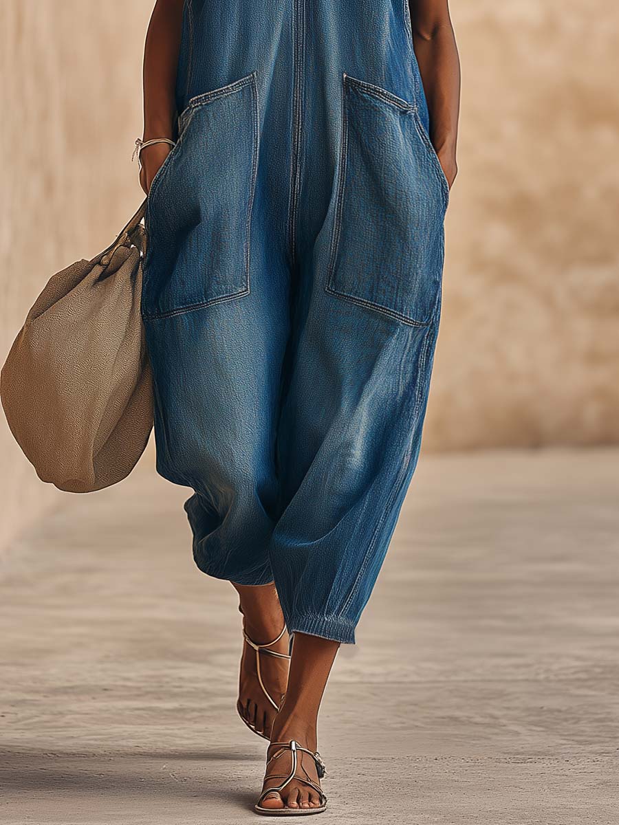 Retro Casual Urban V-neck Blue Denim Jumpsuit