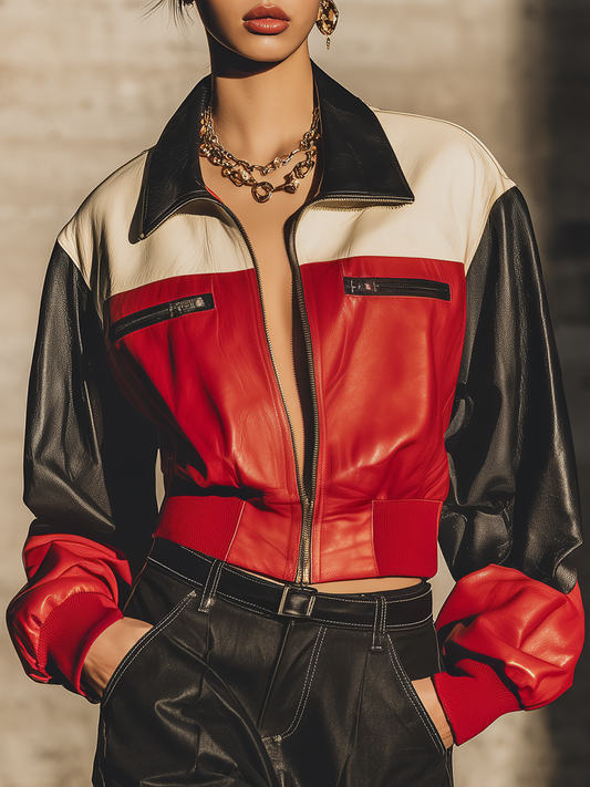 Vintage Street Style Contrast Color Panel Leather Jacket