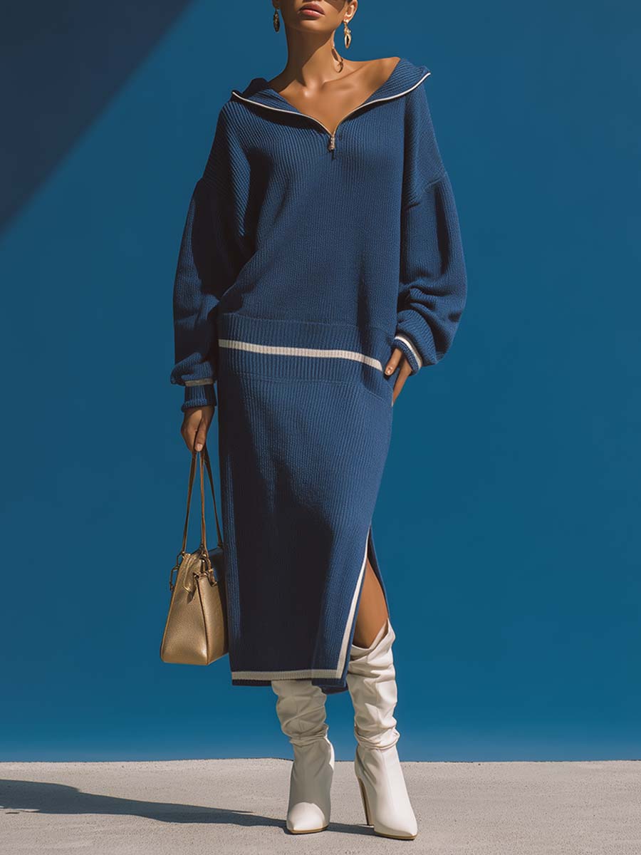 Retro Urban Sports Blue Knitted Hooded Front Zipper Slit Midi Dress
