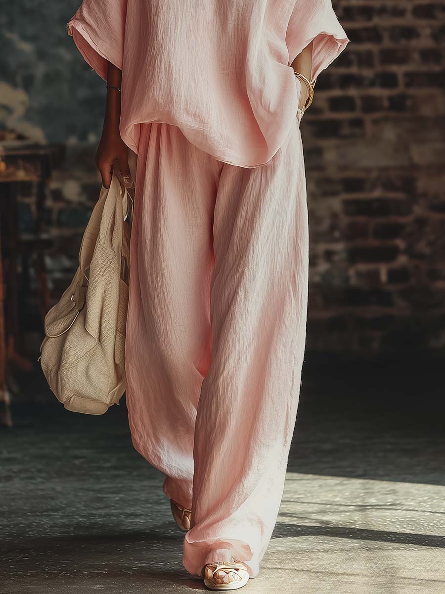 Casual Urban Bohemian Style V-neck Pink Cotton Blouse And Pants Set