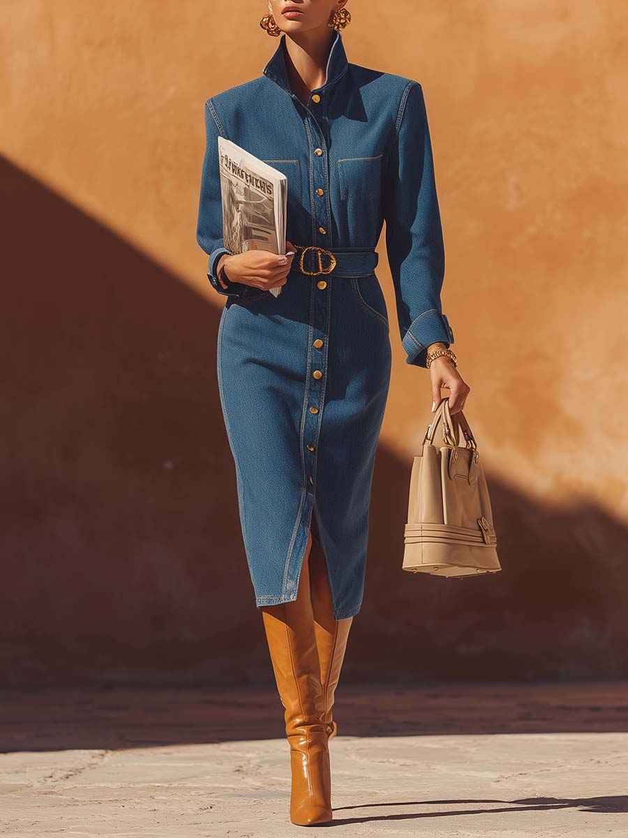 Retro Fashion All-match Urban Lapel Front Button Blue Denim Midi Dress