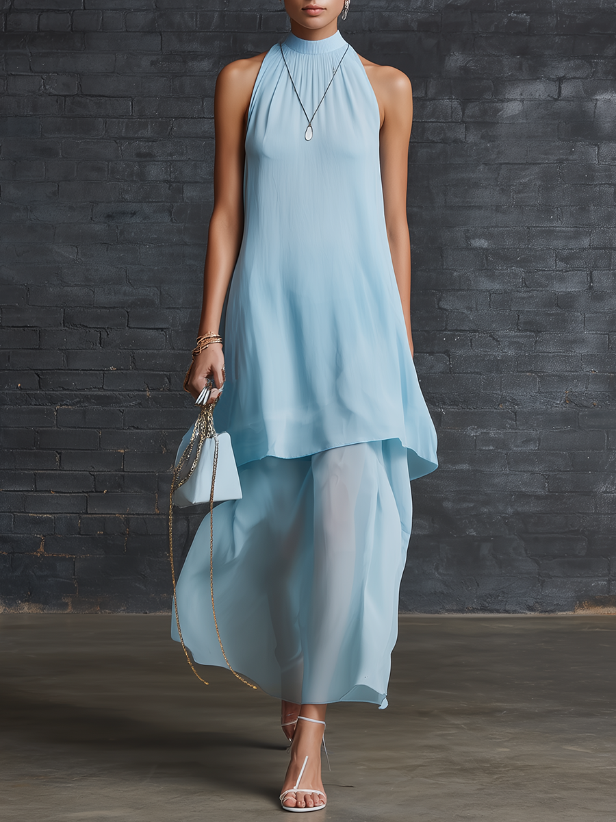Stylish Simple Loose-fitting Sleeveless Stand-neck Double-layered Pleated Blue Chiffon Maxi Dress